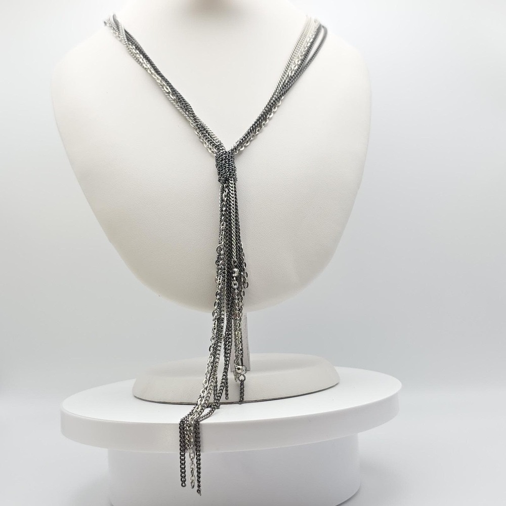 Vtg AEO Lariat Tassel‎ Necklace Gunmetal Gray Multi-Strand Cascading Chains 27"